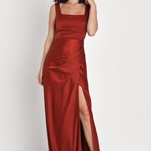 Lulus Red Carpet Romance Rust Orange Satin Square Neck Maxi Dress - Size XL